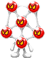 A picture of the boss Alpha Kretin from Mario & Luigi: Bowser's Inside Story. It takes the form of six red cells, connected by white membranes, each with cartoonish angry eyes. The bottom-most cell has basic arms and legs with which to support the whole body.